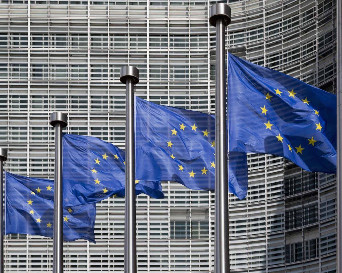 European Union flags flying outside the Berlaymont building in Brussels